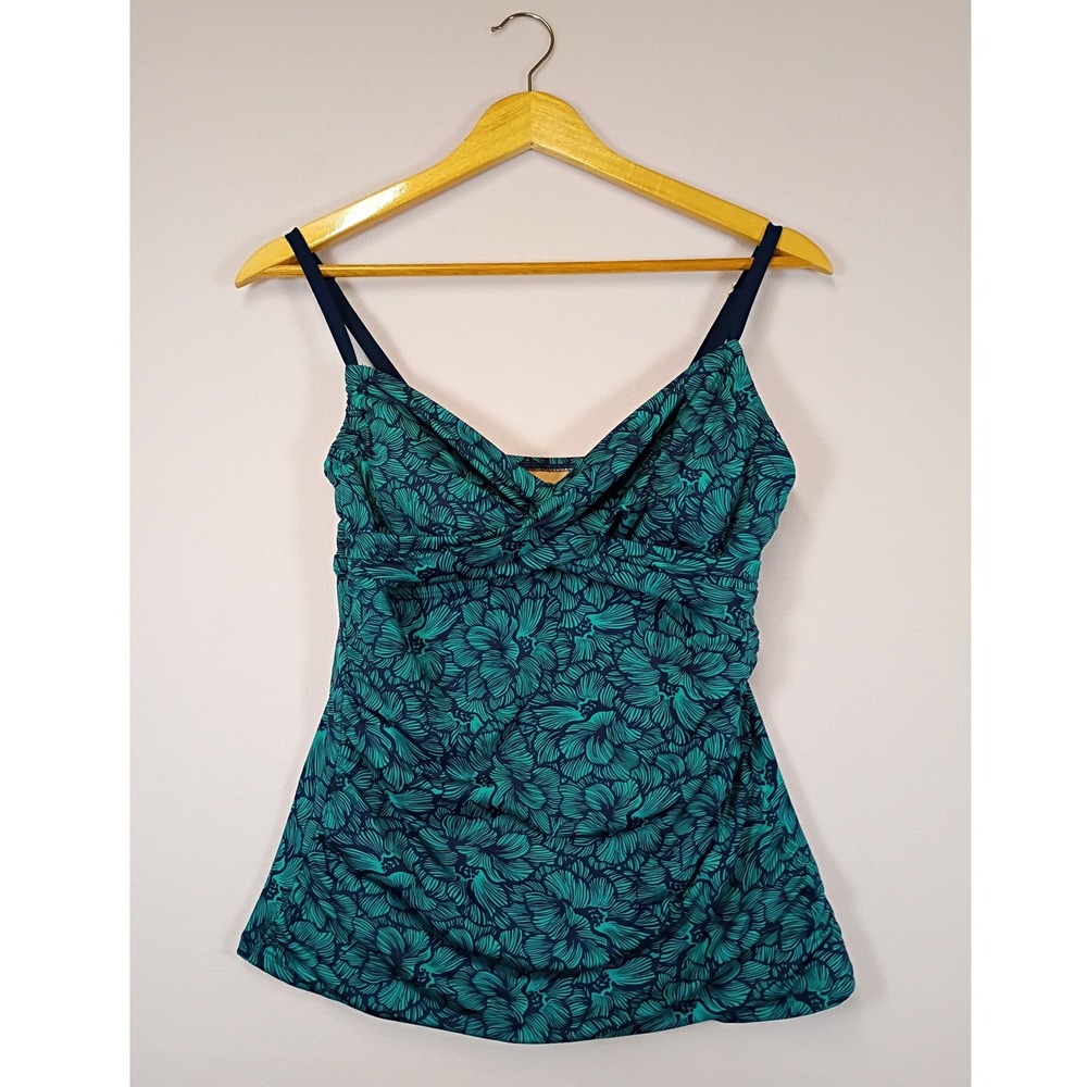 Tropical Floral Merona Womens Size M Teal Navy Ruched Twist Front Tankini Top